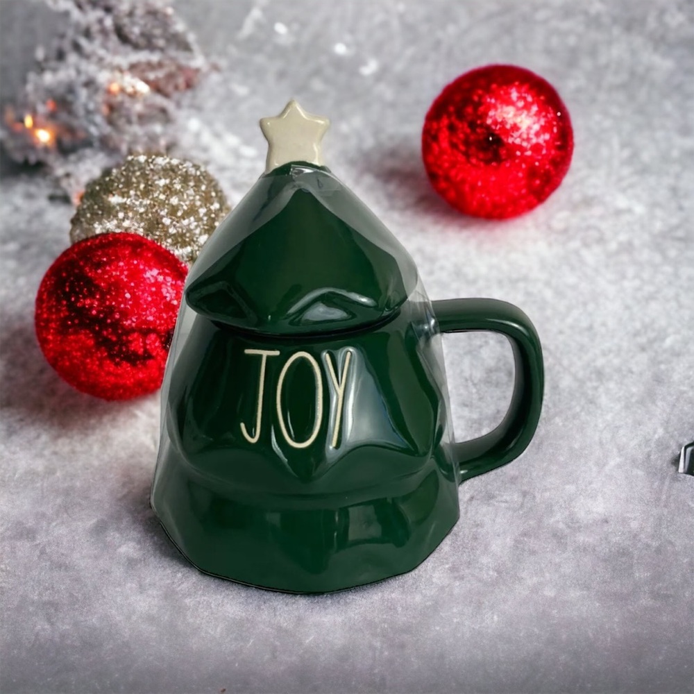 Rae Dunn JOY Green Christmas Tree Mug & Topper Holiday Season Winter Brand New